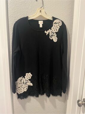 Black Knit Long Sleeve Top with White Lace Accents for a Vintage Look